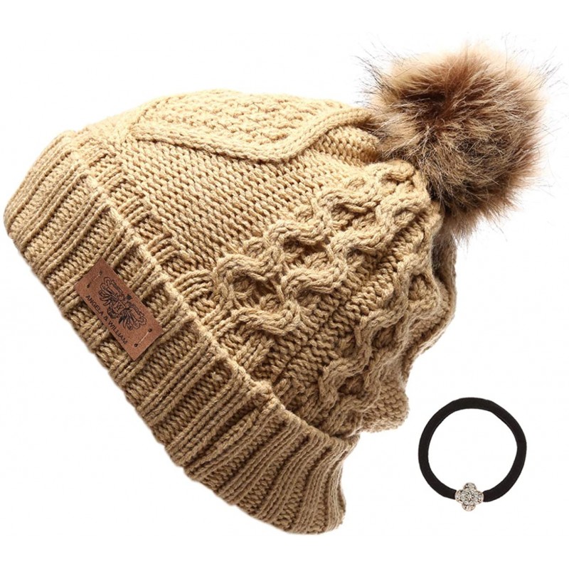 Skullies & Beanies Women's Winter Fleece Lined Cable Knitted Pom Pom Beanie Hat with Hair Tie. - Tan - CU12MXV3XST $22.01