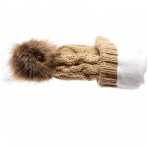 Skullies & Beanies Women's Winter Fleece Lined Cable Knitted Pom Pom Beanie Hat with Hair Tie. - Tan - CU12MXV3XST $10.61