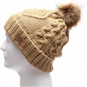 Skullies & Beanies Women's Winter Fleece Lined Cable Knitted Pom Pom Beanie Hat with Hair Tie. - Tan - CU12MXV3XST $10.61