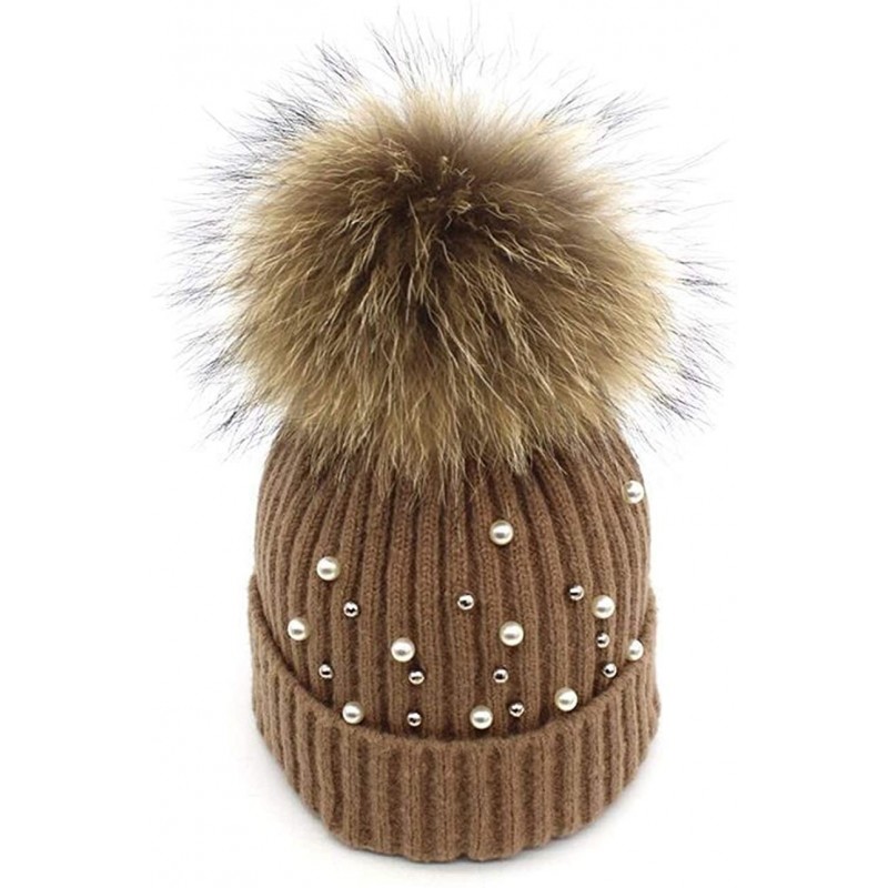 Skullies & Beanies Girls Winter Knitted Beanie Hat Real Fur Pom Pearls Womens Warm Cap - Coffee - CL18KNMM876 $30.84