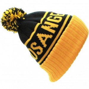 Skullies & Beanies USA Favorite City Cuff Cable Knit Winter Pom Pom Beanie Hat Cap - Los Angeles - Black Yellow - C311Q2V5UOT...