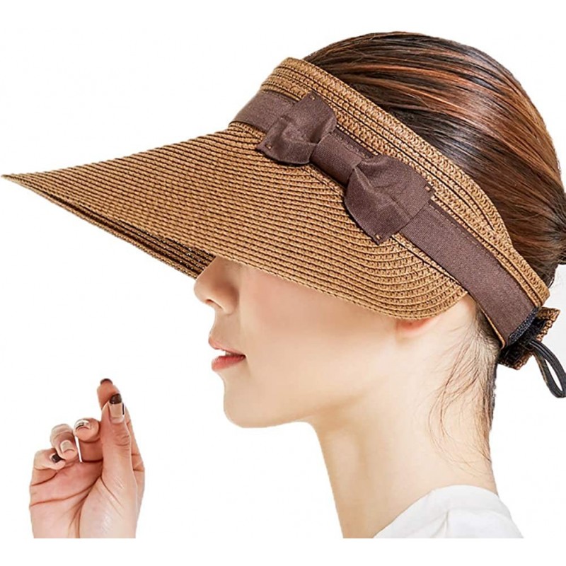 Sun Hats Women's Summer Foldable Straw Sun Visor w/Cute Bowtie Comfortable Beach Cap - Bow Coffee - CY196EI297X $36.26