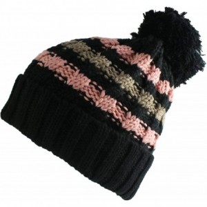 Berets Multi Color Pom Pom Crochet Thick Knit Slouchy Beanie Beret Winter Ski Hat - Stripe Black - C012BGNLRP3 $21.05