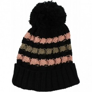 Berets Multi Color Pom Pom Crochet Thick Knit Slouchy Beanie Beret Winter Ski Hat - Stripe Black - C012BGNLRP3 $21.30