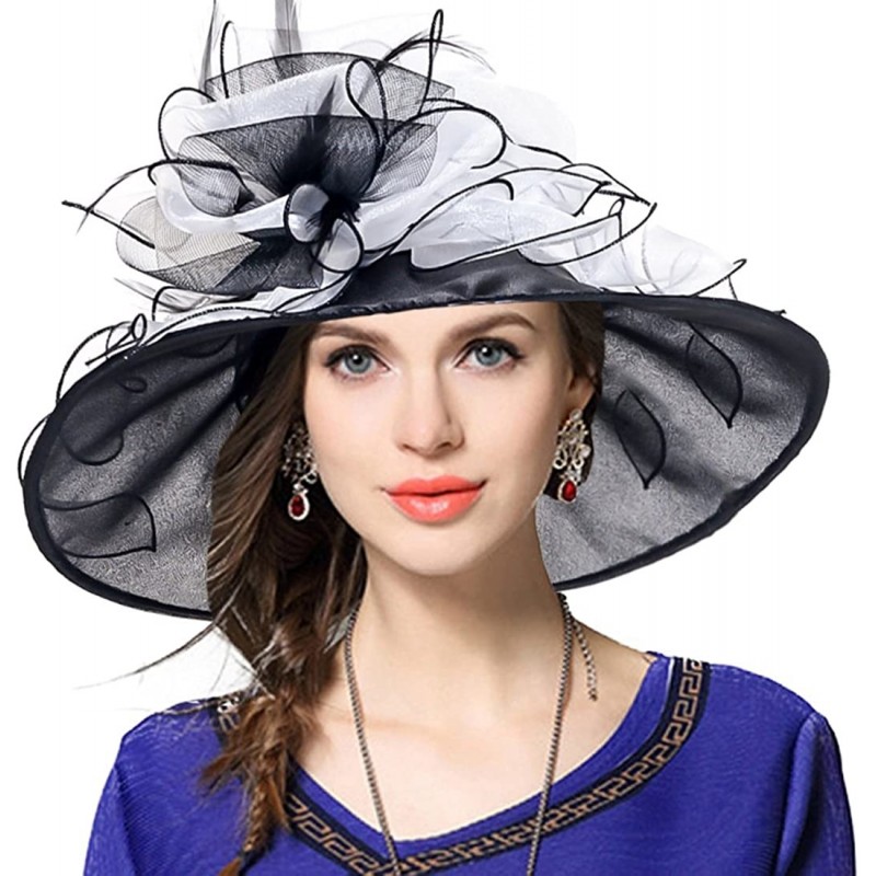 Sun Hats Women Church Derby Hat Wide Brim Wedding Dress Hat Tea Party HAT S019 - White/Black - C517WUK5H92 $48.74