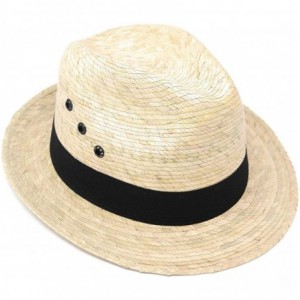 Fedoras Mexican Palm Leaf Straw Wide Brim Fedora Hat- Black Hatband w/Grommets - Light Tan - CD185YKNUZM $57.15