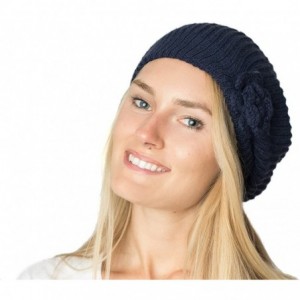 Berets Womens Fall Winter Ribbed Knit Beret Double Layers with Flower - Navy Blue - C0126OIA2YL $27.23