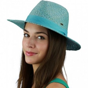 Sun Hats Women's Raffia Straw Weaved Panama Sun Hat with Ribbon Trim - Aqua - CV11KBRDEB1 $28.23