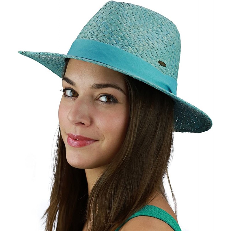 Sun Hats Women's Raffia Straw Weaved Panama Sun Hat with Ribbon Trim - Aqua - CV11KBRDEB1 $16.35