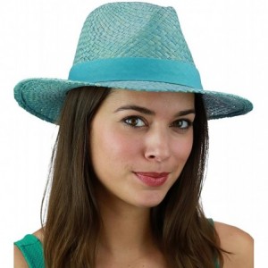 Sun Hats Women's Raffia Straw Weaved Panama Sun Hat with Ribbon Trim - Aqua - CV11KBRDEB1 $30.83