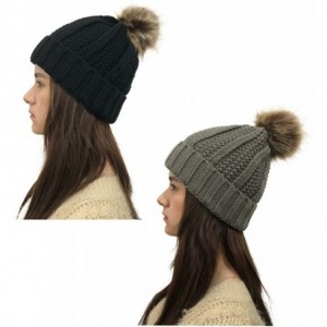 Fedoras Womens Winter Knit Slouchy Beanie Hat Warm Skull Ski Cap Faux Fur Pompom Hats for Women - Black+grey - CP18YGDDWIH $2...