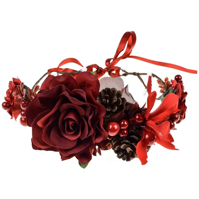Headbands Burgundy Red Rose Winter Flower Crown Bridal Floral Crown Christmas Wreath Halo HC-35 - Burgundy Rose - CL18LQLZTC5...