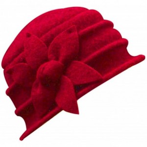 Bucket Hats Women Solid Color Winter Hat Flower 100% Wool Cloche Bucket Hat - Red - CT18MHKKRC5 $15.47