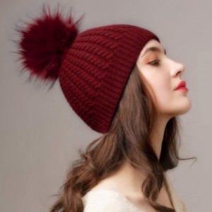 Sun Hats Winter Beanie for Women Warm Knit Bobble Skull Cap Big Fur Pom Pom Hats for Women - 06 Wine Red With Red Pom - CS185...