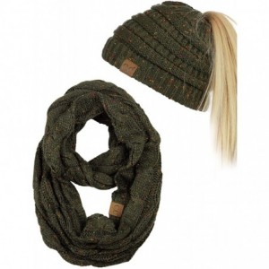 Skullies & Beanies Colorful Confetti BeanieTail Messy High Bun Cable Knit Beanie and Infinity Loop Scarf Set - Dark Olive - C...