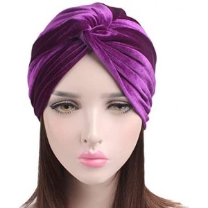 Skullies & Beanies Women's Stretch Velvet Twist Pleasted Hair Wrap Turban Hat Cancer Chemo Beanie Cap Headwear - Purple - CK1...