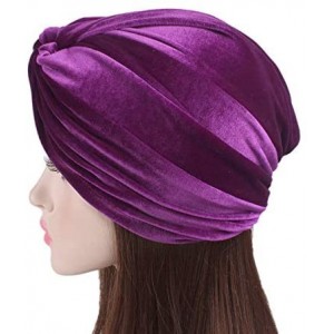 Skullies & Beanies Women's Stretch Velvet Twist Pleasted Hair Wrap Turban Hat Cancer Chemo Beanie Cap Headwear - Purple - CK1...