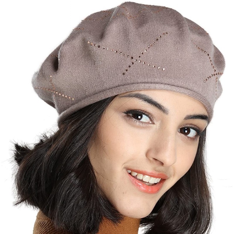 Berets Women's Thin Cotton Knit Beret Hat with Rhinestone Crisscross Decoration - Light Tan - CQ18GLYYCMO $36.75