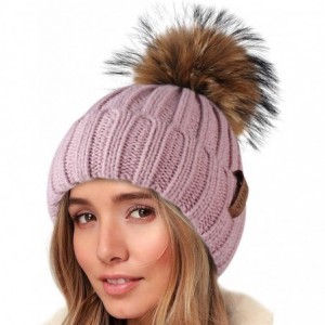 Skullies & Beanies Knit Beanie Hats for Women Double Layer Fleece Lined with Real Fur Pom Pom Winter Hat - C018UUCDA8G $35.92