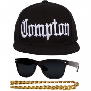 Baseball Caps Compton 80s Rapper Costume Kit - Flat Bill Hat + Sunglases + Chain Necklace - Black - CE18ES7SUSG $36.21