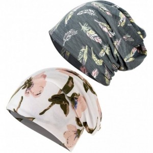 Skullies & Beanies Womens Slouchy Beanie Cotton Chemo Caps Cancer Headwear Hats Turban - 2 Pair-gray Feather+floret-white - C...