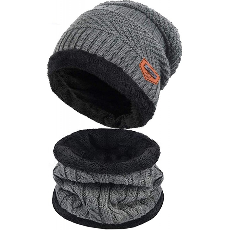 Skullies & Beanies Winter Beanie hat- Warm Knit Hat Thick Fleece Lined Winter Hat for Men Women - Gray+scarf - CC18YKLN5GX $8.66