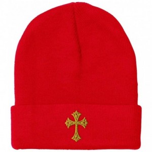 Skullies & Beanies Custom Beanie for Men & Women Gold Roman Catholic Cross Embroidery Skull Cap Hat - Red - C218ZS33G94 $25.62