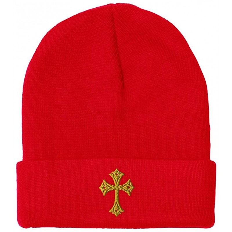 Skullies & Beanies Custom Beanie for Men & Women Gold Roman Catholic Cross Embroidery Skull Cap Hat - Red - C218ZS33G94 $12.64