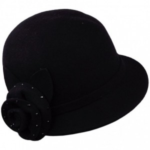 Bucket Hats Women's Jeweled Rose w/ Petals Accent Wool Felt Bucket Cloche Hat - Black - C011Q2S24DR $46.21