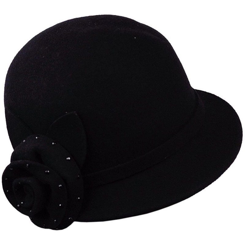 Bucket Hats Women's Jeweled Rose w/ Petals Accent Wool Felt Bucket Cloche Hat - Black - C011Q2S24DR $24.60