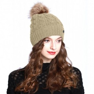 Skullies & Beanies BN2346 Women's Winter Hand Knit Faux Fur Pompoms Beanie Hat - Khaki - CG12N5IM783 $27.52