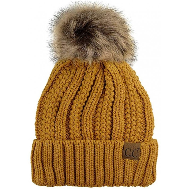 Skullies & Beanies Cable Knit Beanie with Faux Fur Pom - Warm- Soft- Thick Beanie Hats for Women & Men - Mustard - CC18Y8EG3G...