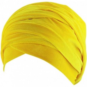 Skullies & Beanies Women Solid Color Velvet Muslim Stretch Turban Hat Chemo Cap Visor Head Scarf Wrap Sleeping Cap - Yellow -...