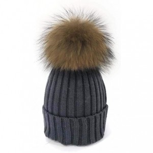 Skullies & Beanies Women Cable Knit Beanie Raccoon Fur Fuzzy Pompom Chunky Winter Stretch Skull Cap Cuff Hat - 22dark Grey - ...