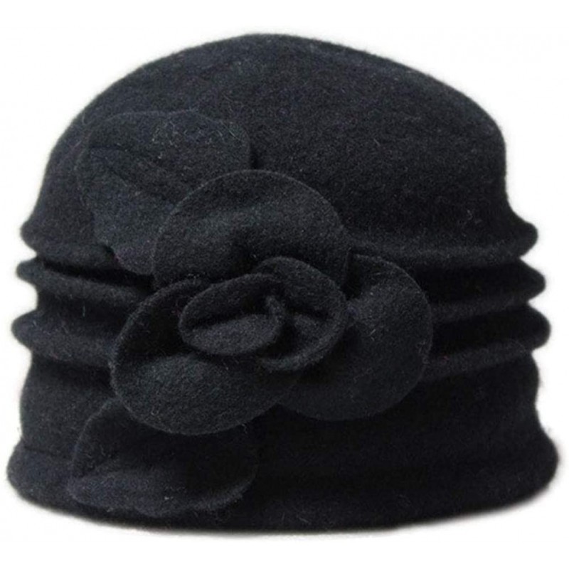 Bucket Hats Flower 100% Wool Dome Bucket Hat Winter Cloche Hat Fedoras Derby Hat - C-black - CK18HEG0H4C $14.63
