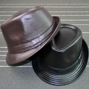 Fedoras Plain Color Fedora Short Upturn Brim Hat FFH312BLK - Ffh345 Pu Leather Black - C917AAC4ZEL $12.83