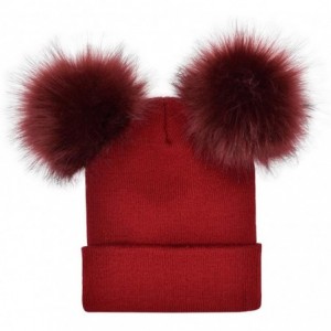Skullies & Beanies Winter Warm Women Crochet Knit Double Faux Fur Pom Pom Beanie Hat Cap - Wine - CQ187AYG9ZH $18.04