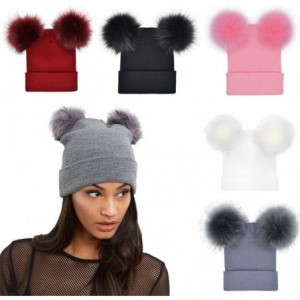 Skullies & Beanies Winter Warm Women Crochet Knit Double Faux Fur Pom Pom Beanie Hat Cap - Wine - CQ187AYG9ZH $16.69