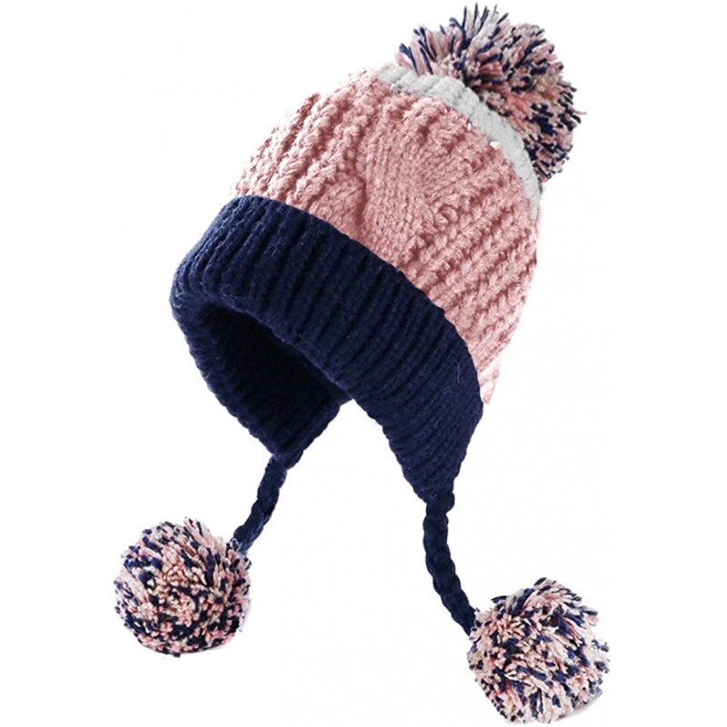 Skullies & Beanies Women Fleece Lined Winter Beanie Hat Ski Cap Ear Flaps Peruvian Dual Layered Pompoms - D03-pinknavy-ht016 ...