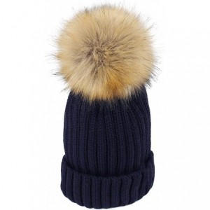 Skullies & Beanies Winter Knitted Beanie Hat Soft Warm Wool Hat with Removable Faux Fur Pom Pom - Navy Blue - C818IHD52HI $13.20