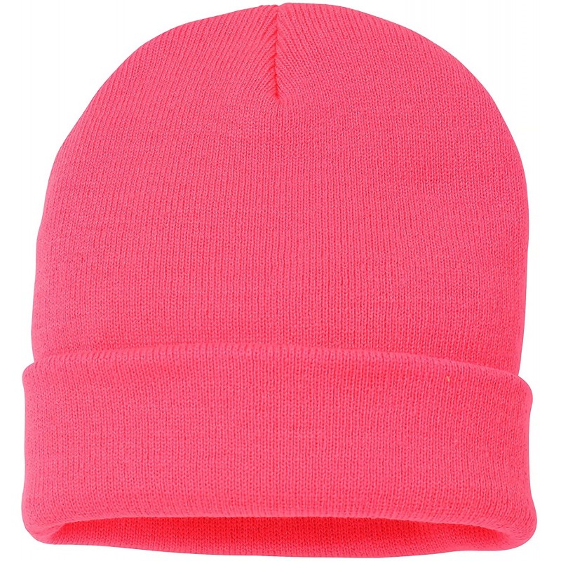 Skullies & Beanies Soft-Knit Turn Up Beanie Hat - Slouchy Beanie Hat - Neon Pink - CK12LLFKJNH $19.30