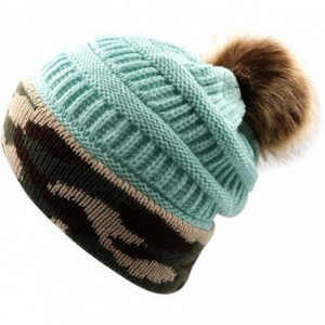 Skullies & Beanies Winter Women Faux Fur Pompom Cuff Beanies Hats Knit Slouchy Ski Skull Camo Baggy Caps Girls Warm Hat - CS1...