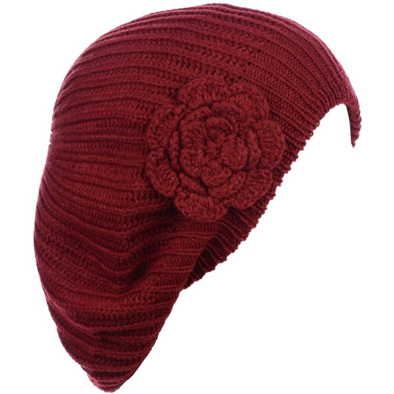 Berets Ladies Winter Solid Chic Slouchy Ribbed Crochet Knit Beret Beanie Hat W/WO Flower Adornment - Red Flower - C118HDYC8I6...