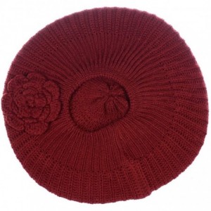 Berets Ladies Winter Solid Chic Slouchy Ribbed Crochet Knit Beret Beanie Hat W/WO Flower Adornment - Red Flower - C118HDYC8I6...