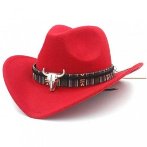 Cowboy Hats Mens Womens Wool Felt Western Cowboy Hat Outdoor Wide Brim Hat Caps with Strap - Red - CG18LZMDCC7 $29.00