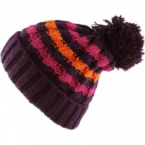 Berets Multi Color Pom Pom Crochet Thick Knit Slouchy Beanie Beret Winter Ski Hat - Stripe Purple - C512BGNLXK7 $11.44