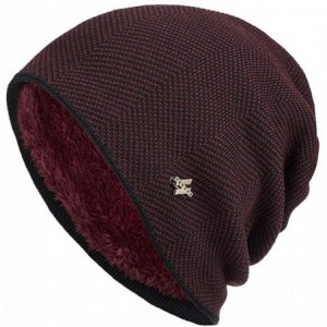 Skullies & Beanies Men Winter Skull Cap Beanie Large Knit Hat with Thick Fleece Lined Daily - F - Wine Red - CW18ZD6IKKH $29.51