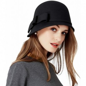 Bucket Hats Women Solid Color 100% Wool Winter Hat Women Cloche Bucket Bowler with Bowknot - Black - CU18HE8A3M7 $50.73