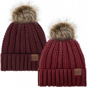 Skullies & Beanies Thick Cable Knit Hat Faux Fur Pom Fleece Lined Cap Cuff Beanie 2 Pack - Burgundy/Maroon - CF1924AY09K $53.31