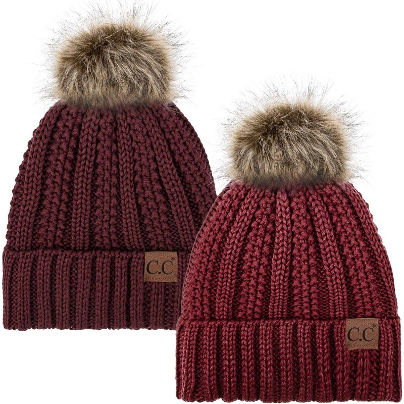 Skullies & Beanies Thick Cable Knit Hat Faux Fur Pom Fleece Lined Cap Cuff Beanie 2 Pack - Burgundy/Maroon - CF1924AY09K $49.46